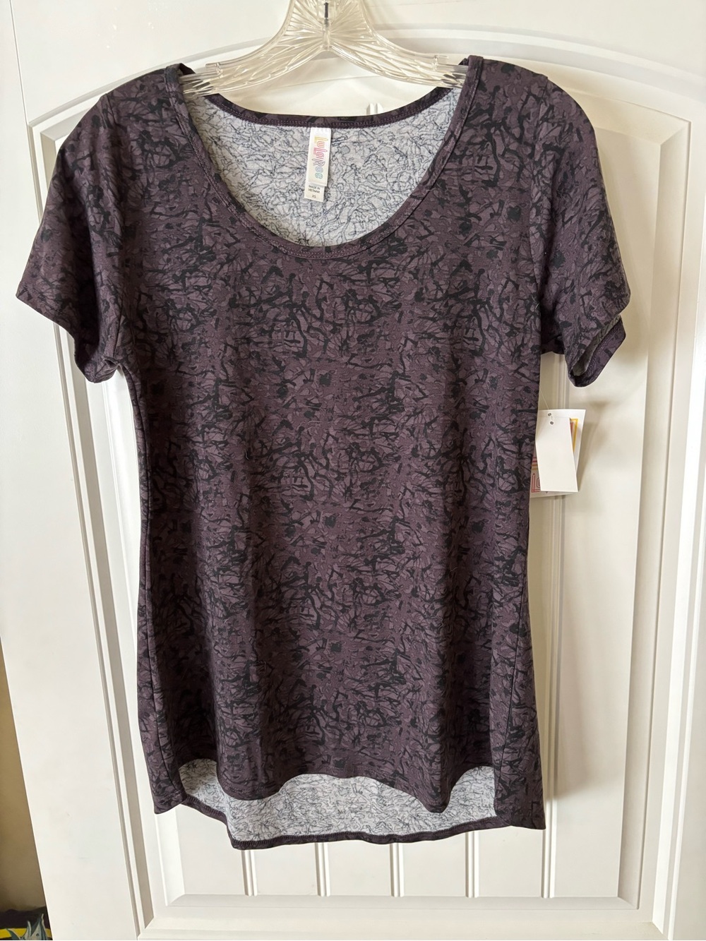 LuLaRoe Short Sleeve Scoop Neck Tee in Deep Purple with Black Print